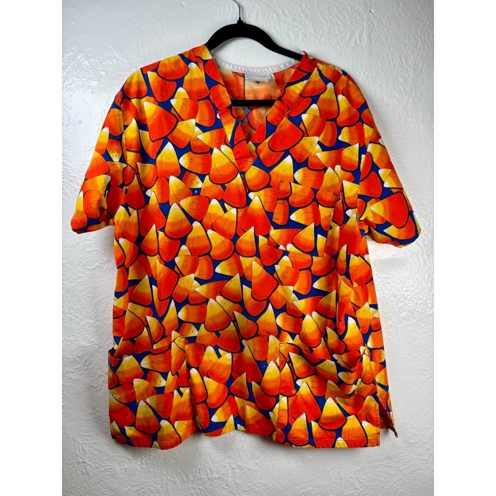 Peaches Uniforms Scrub Top Womens XL Orange Candy Corn Halloween Pediatric Nurse